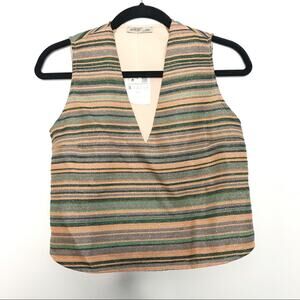 New Zara Womens Small S Striped Metallic Cropped Tank Top V Neck Peach Orange